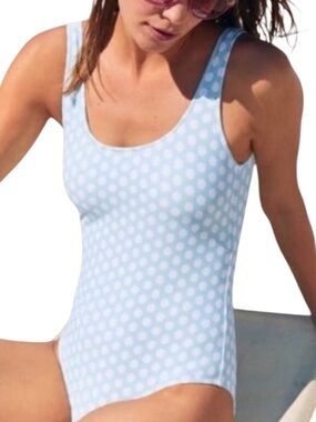 Aerie Cheeky One-Piece Swim Suit Textured Blue & White Polka Dots Style 14274278